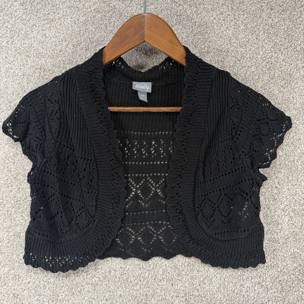 Y2K Vanity Loose Knit Cropped Cardigan Sz M Open Front Black Whimsigoth Fairy